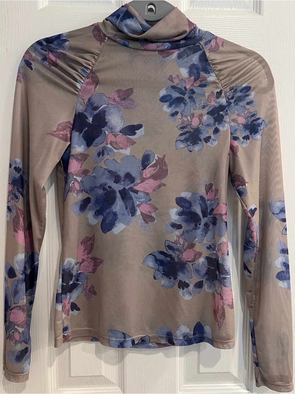 Free People Grey Mock Neck Sheer Mesh Long Sleeve Top with Blue Floral Print